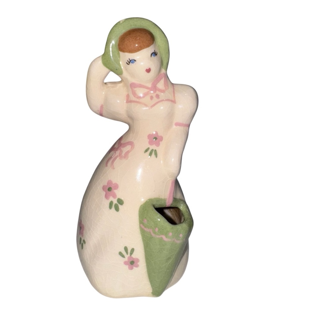 Weil Ware California Pottery Vintage Vase 6.5” Girl with Floral Dress & Umbrella